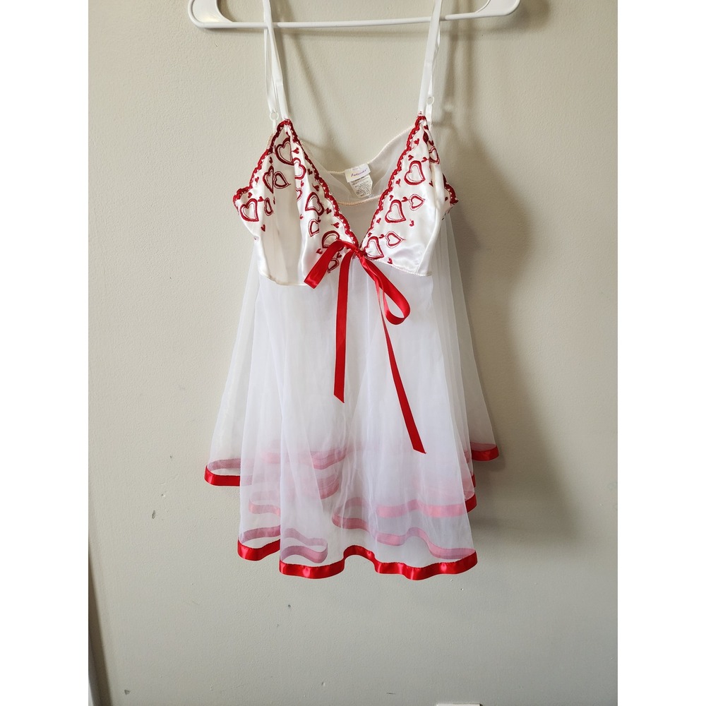 Fredericks of Hollywood Vintage Heart Embroidered Babydoll Chemise White Red XL